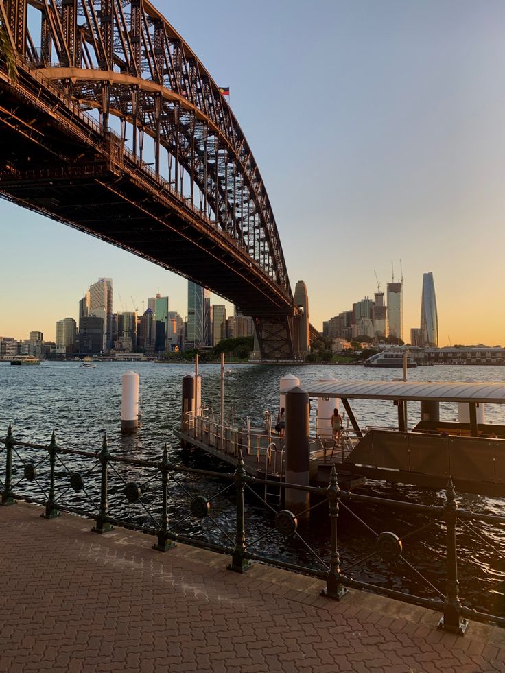 a bridge spanning over the water next to a city