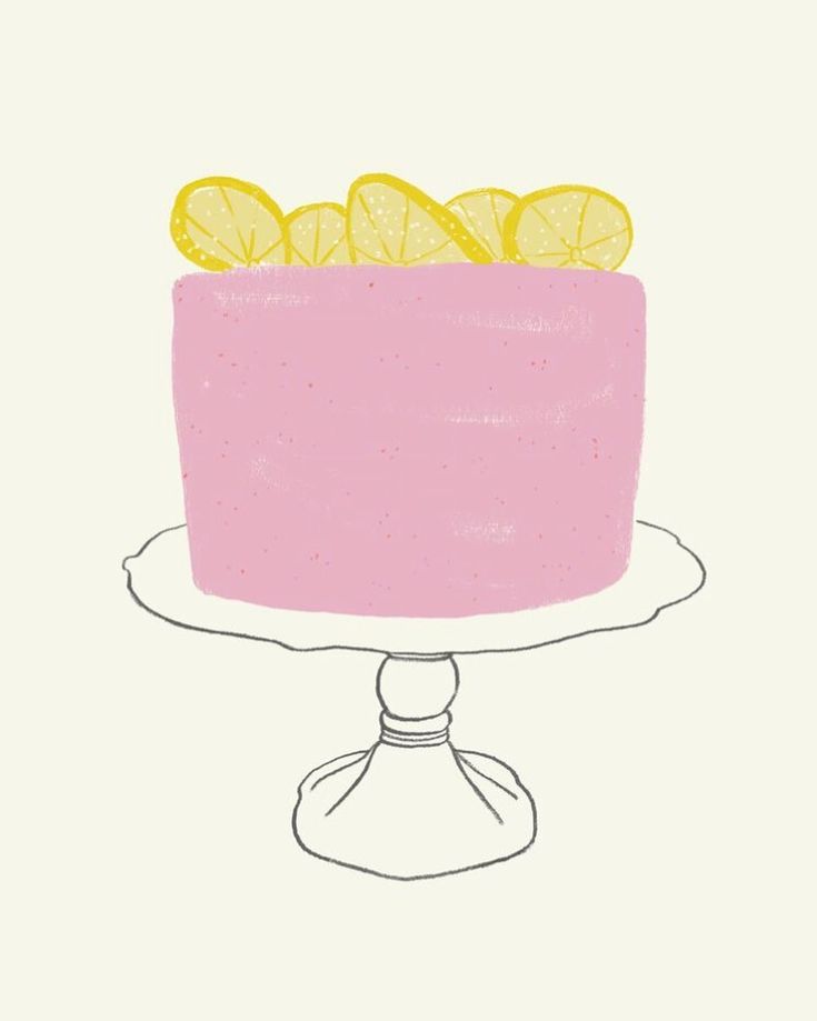 a drawing of a pink cake with lemons on top