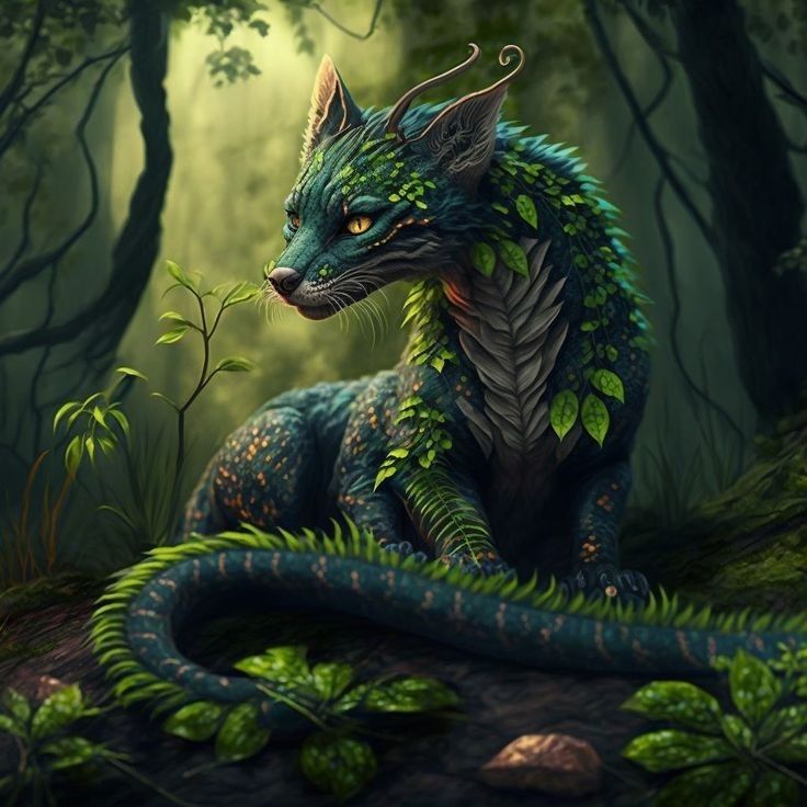 a green and blue dragon sitting in the middle of a forest with leaves on it's tail