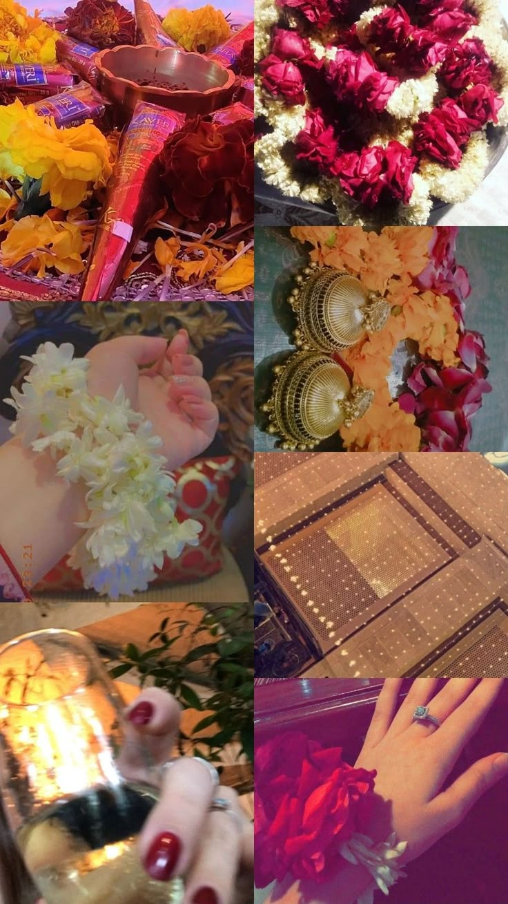 a collage of pictures with flowers, candles and other things on it's surface