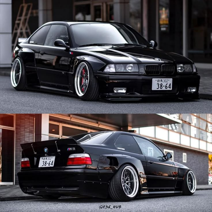 two pictures of the same black car, one is parked in front of a building