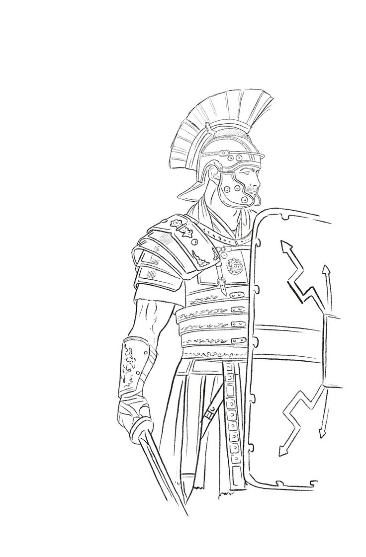 a black and white drawing of a roman soldier