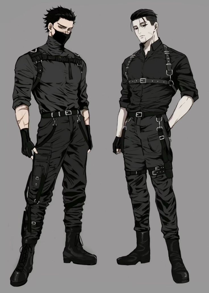 two men standing next to each other in black outfits