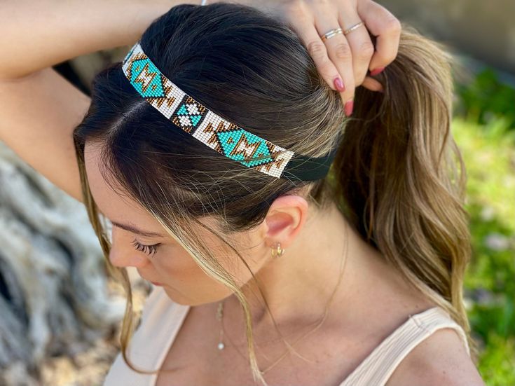 Turquoise Tribal Beaded Headband for Women Indigenous Beading, Headband Beaded, Womens Headband, Headband White, Woven Headband, Bead Hair Accessories, Beaded Hair, Handmade Leather Bracelets, Vintage Inspired Jewelry