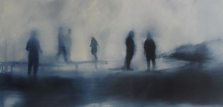 a painting of people standing in front of a foggy sky with one person holding an umbrella