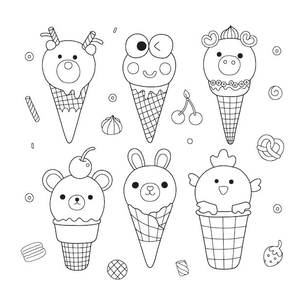 an image of ice cream cones with cartoon animals on them in black and white coloring book page