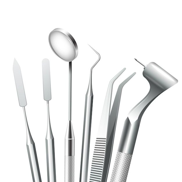 Teeth dental medical equipment steel too... | Free Vector #Freepik #freevector #dental-instruments #dental-tools #dentist-tools #dental-equipment Tooth Caries, Dental Pictures, Dentist Marketing, Dental Equipment, Loose Tooth, Dental Products, Dental Art, Dental Teeth, Dental Instruments