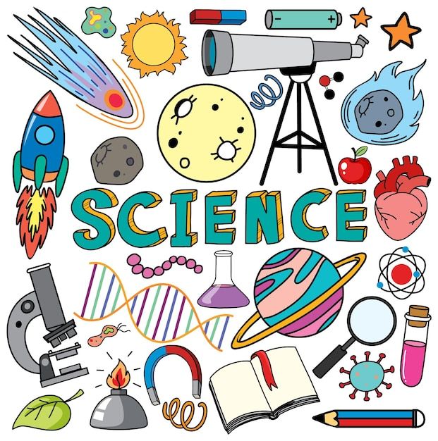 the words science are surrounded by various objects