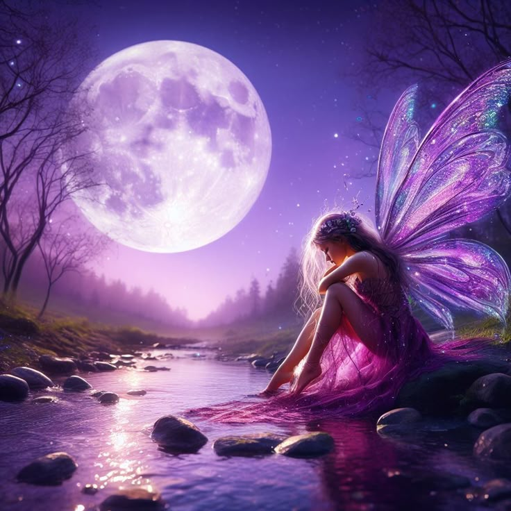 a beautiful fairy sitting on rocks in the water next to a river under a full moon