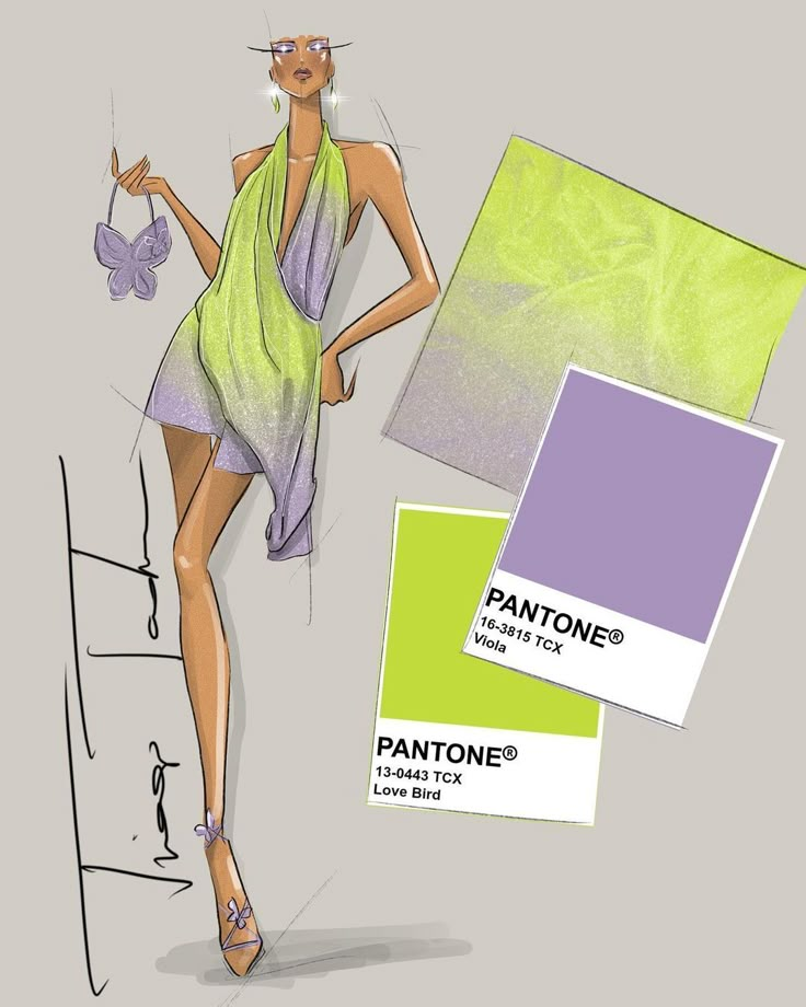 a woman in a green dress is standing next to pantone's color swatches