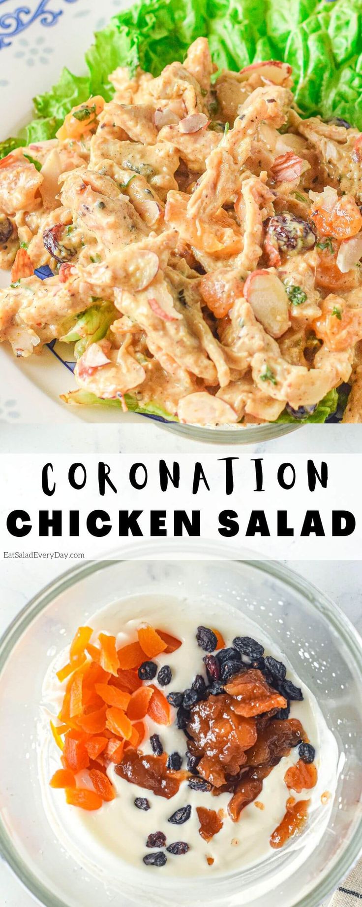 chicken salad with ranch dressing and lettuce on the side is shown in this collage