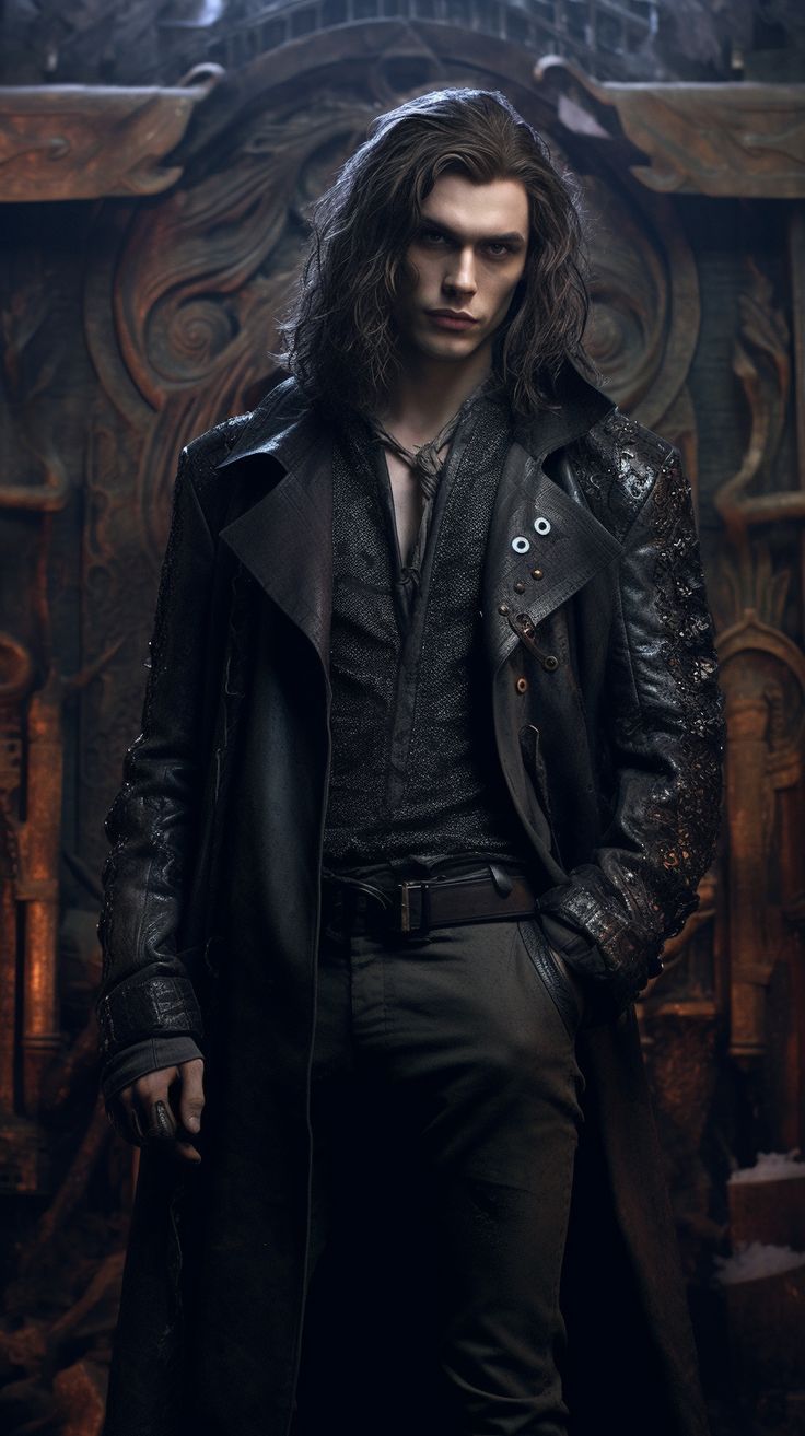 Vampire created with AI by Amanda Church Vampire Men Fashion, Vampire Fantasy Aesthetic, Men Vampire Aesthetic, Fantasy Vampire Aesthetic, Lilith And Vale Fanart, Dark Vampire Aesthetic Male, Long Hair Vampire Male, Goth Outfits For Men, Vampires Fantasy Art