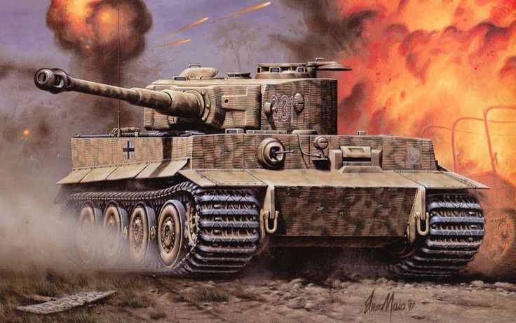 a painting of a tank with flames coming out of it's back and on the ground