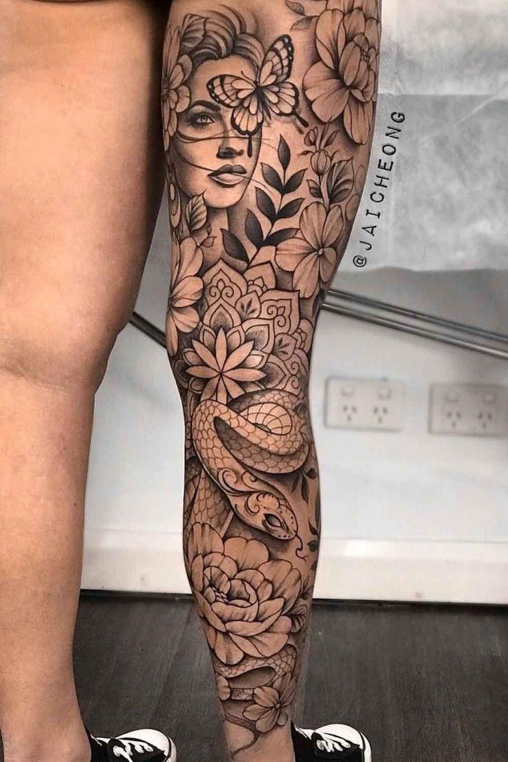 Women Full Leg Sleeve, Whole Leg Sleeve Women, Leg Sleeve Pieces, Dark Feminine Leg Sleeve, Womens Leg Sleeve Tattoo Ideas, Back Leg Sleeve Tattoo, Women Back Leg Tattoo, Female Full Leg Tattoos, Women With Leg Sleeves