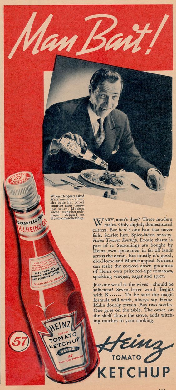 an old advertisement for ketchup with a man in suit