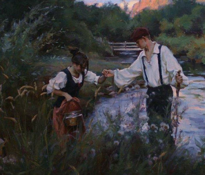 a painting of two people standing next to a river and one is holding the hand of another person