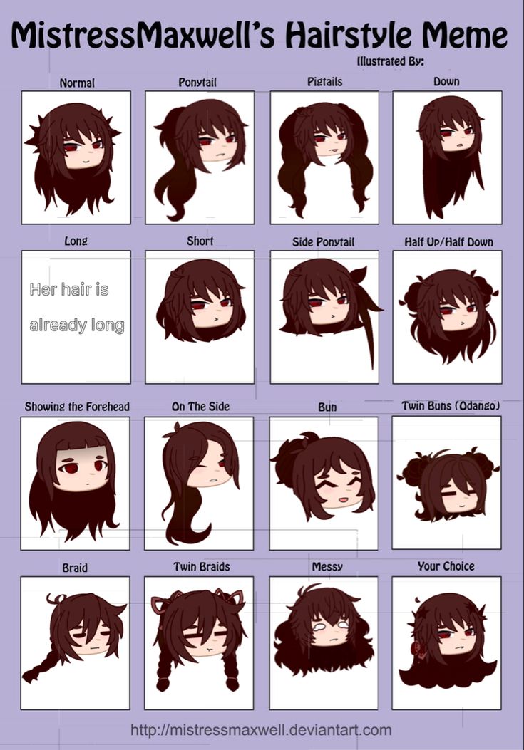 hairstyles for girls with long hair and different facial expressions, all in purple