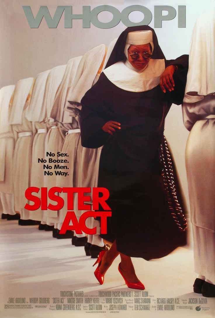 the poster for sister act starring in which she is wearing a nun outfit and red shoes