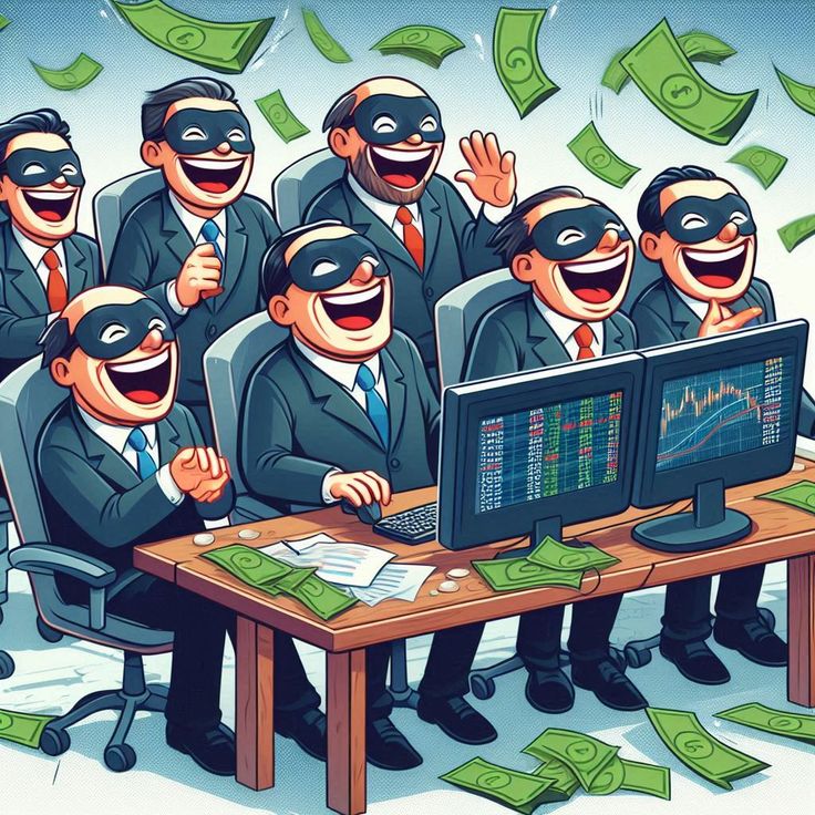 a group of men in masks sitting at a desk with money falling around them and the man on the computer is wearing a mask