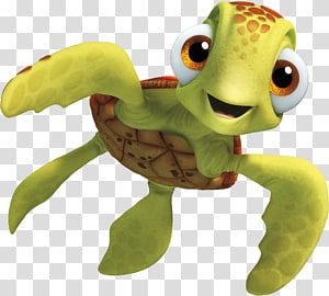 an animated turtle with big eyes and a smile on its face, swimming in the water