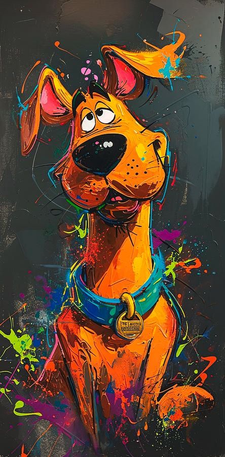 a painting of a dog with colorful paint splatters on it's face