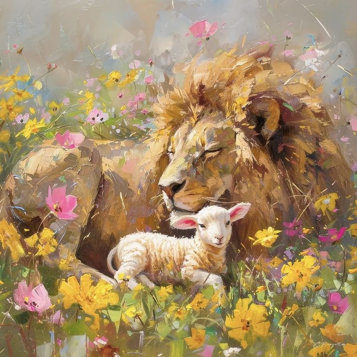 an oil painting of a lion and lamb in a field of flowers with wildflowers