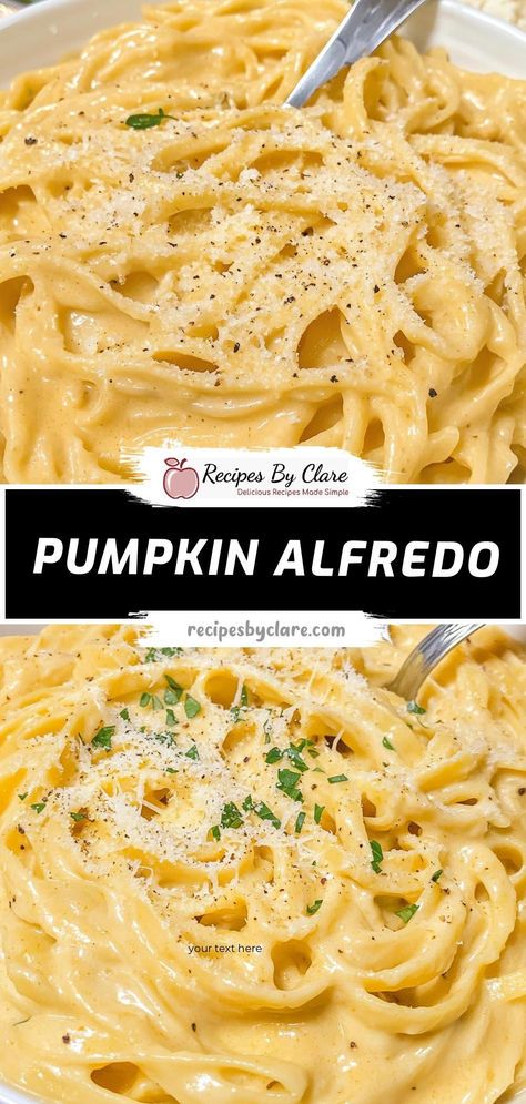 pumpkin alfredo in a white bowl with a spoon