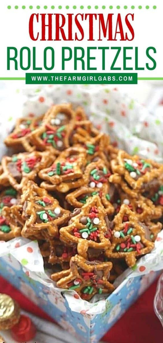 christmas pretzels in a blue box on a red and white tablecloth with text overlay