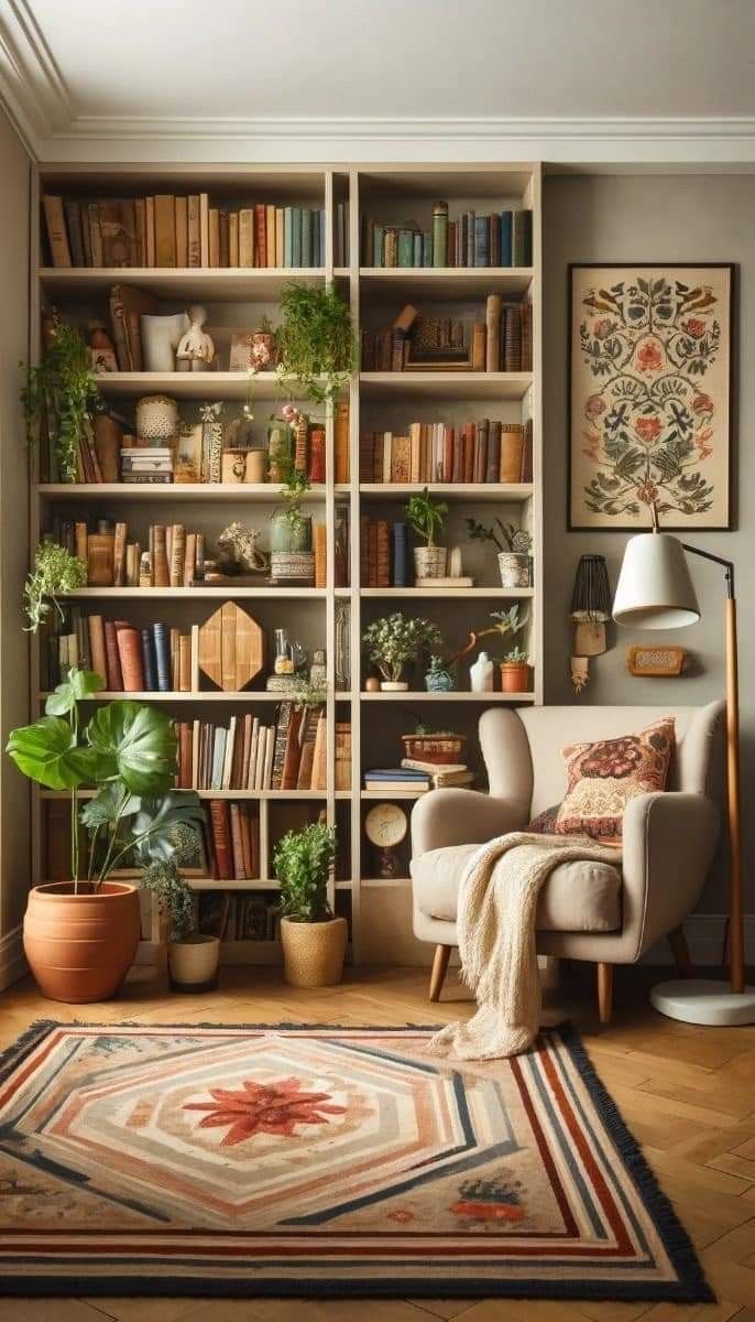 a living room filled with lots of books and plants