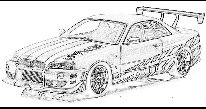 a drawing of a car with the hood up and front bumpers down, on a white background