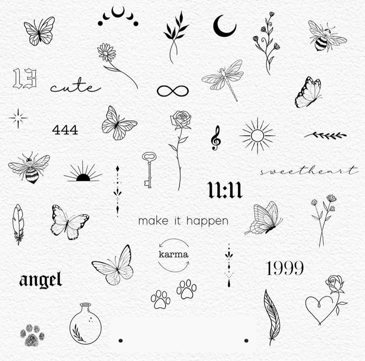 an assortment of tattoo designs on white paper with the words, butterflies and flowers in black ink