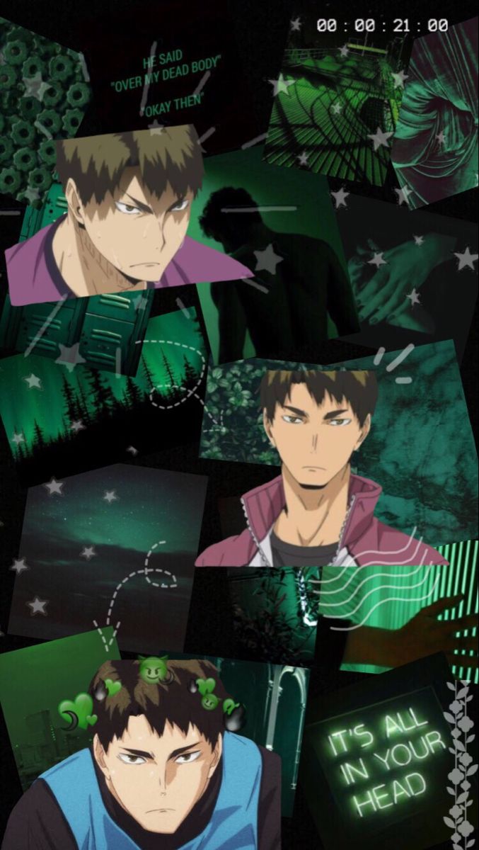 anime characters with green and black background