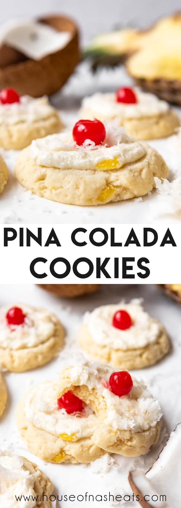 pine colada cookies with white frosting and cherries on top are shown in the foreground