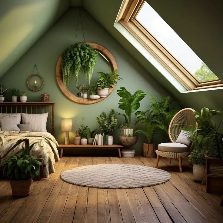 an attic bedroom with green walls and plants on the bed, round mirror above it