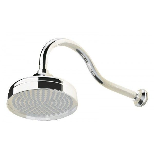 a chrome shower head with the arm extended to it's side, and an overhead spout