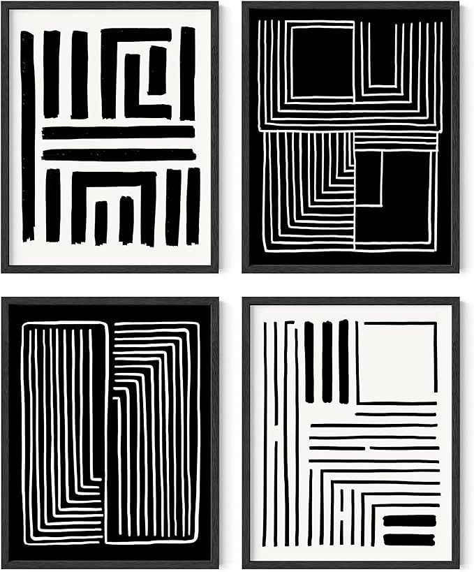 four black and white abstract paintings with lines on the bottom, one is square and two are rectangles