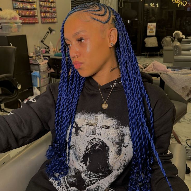 The blue gonna always go crazyyyy 💙💙🔥 You can book this under Half Fulani twists ‼️ Keep booking @ashxperience 🩵🩵 USE NEW CLIENT CODE FOR $$ OFF YOUR 1ST SERVICE 🥳 CODE: NEWCOMER • • • #hair #hairstyles ##nychairstylist #nycbraider #bronx #bronxbraider #nyc #newyork #bronxhairstylist #braids #braider #ha I’mrlemhairstylist #harlembraider #blondehair #blondelocs #distressedlocs #butterflylocs #viral #viralvideos #viralreels #reels #reelsinstagram #explorepage #explore #ashxperience #slayb... Braids Blue And Black, Blue Fulani Braids, Fulani Twists, Blue Twists, Braids Blue, Fulani Braids, Hair Hairstyles, Blue And Black, Bronx