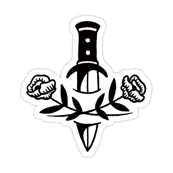 a black and white drawing of a knife with flowers on the side sticker is shown