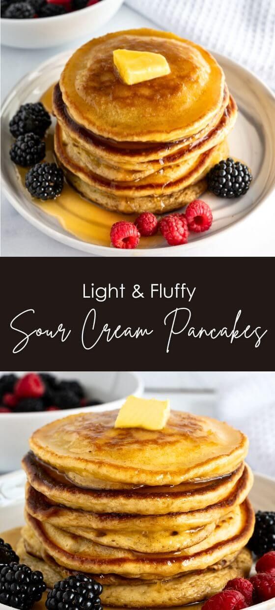 pancakes with butter on top and berries around the edges are stacked up in front of each other