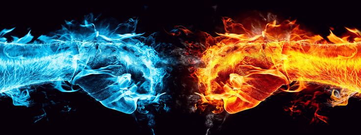 two different colored fire and ice on a black background, one is blue and the other is orange