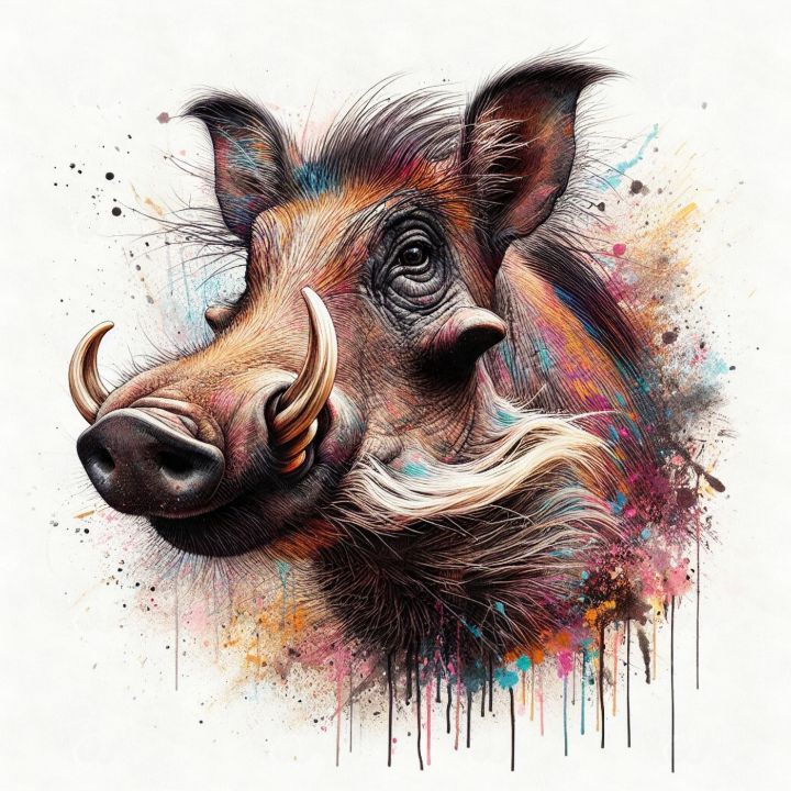 a painting of a boar with colorful paint splatters on it's face