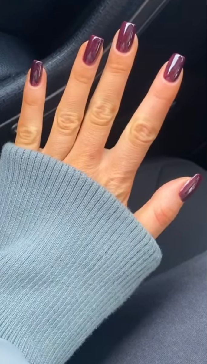 Aubergine Nails Art, Fall Colors Gel Nails, Cute Nail Colors For Fall, Plum Colour Nails, Squoval Gel X Nails, Fall Nails Wine Color, Violet Short Nails, Late October Nails, Modern Gel Nails