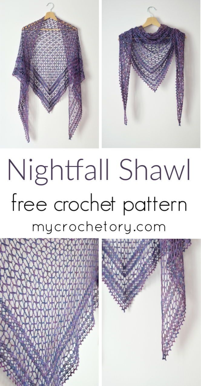 three pictures showing different ways to crochet a shawl with text overlay that says nightfall shawl free crochet pattern