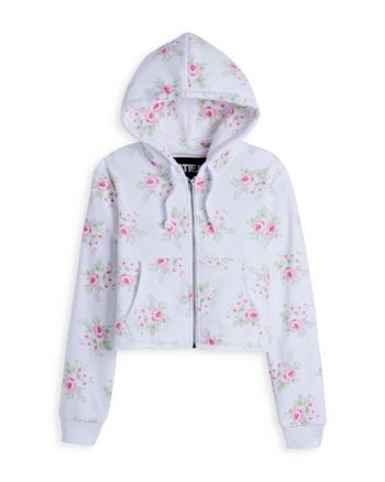 KatieJnyc Girls' Floral Crop Zip Hoodie - Big Kid Spring Fitted Loungewear Sweatshirt, Spring Streetwear Sweatshirt, Fitted Spring Hoodie With Drawstring Hood, Fitted Hoodie With Drawstring For Spring, Fitted Casual Sweatshirt For Spring, Stretch Sweatshirt With Drawstring Hood For Spring, Fitted Pink Spring Hoodie, Fitted Pink Hoodie For Spring, Spring Fleece Stretch Hoodie