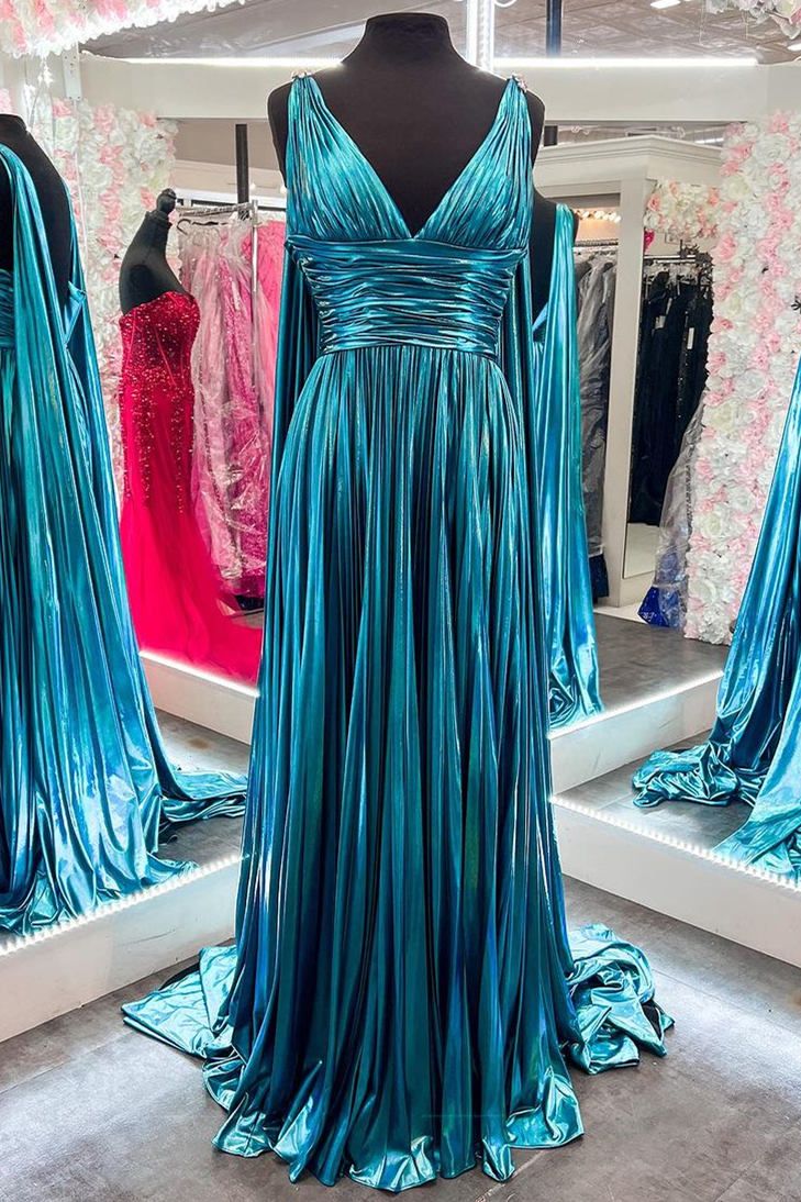 V-Neck Metallic Pleated Malachite Blue Prom Dress with Cape Peacock Clothes, Prom Dress With Cape, Turquoise Blue Dress, Wedding Dress Petticoat, Detachable Wedding Dress, Robes Glamour, Dress With Cape, Blue Prom Dress, Blue Corset