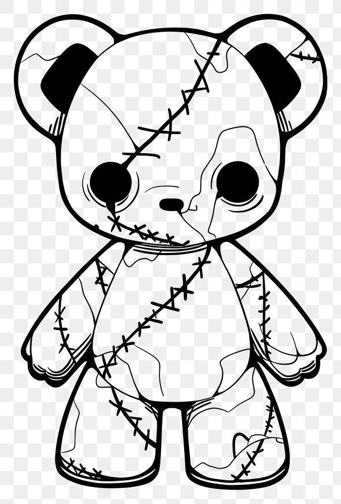 a black and white drawing of a teddy bear with stitches on it's face