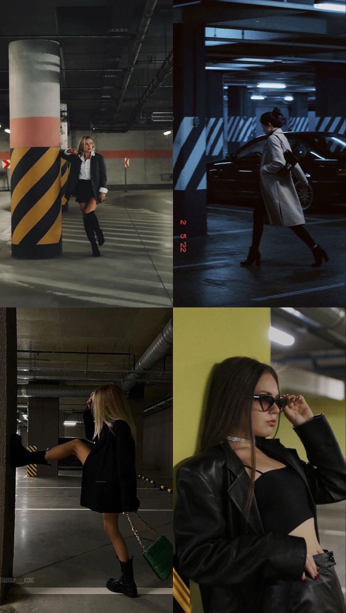 woman in black and white outfit walking through an empty parking garage