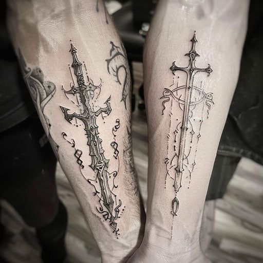 Sibling Tattoos Tattoo Design Pack Nordic Tattoos For Men, Angel Blade Tattoo, Ferryman Tattoo, Elven Tattoo Design, Sigil Tattoo Men, Man Tatoos, Medevil Tattoo Designs, Black Work Sleeve Tattoo, Wrap Around Arm Tattoo