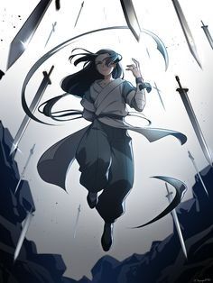 an anime character flying through the air with two swords in his hand and one arm outstretched