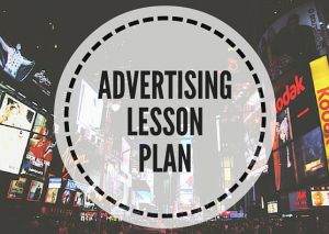 the words advertising lesson plan are overlaided with images of billboards and buildings